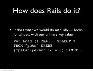 How does Rails do it?
• It does what we would do manually — looks
for all pets with our primary key value
Pet Load (1.2ms) SELECT *
FROM "pets" WHERE
("pets".person_id = 6) LIMIT 1
90Monday, October 25, 2010
 