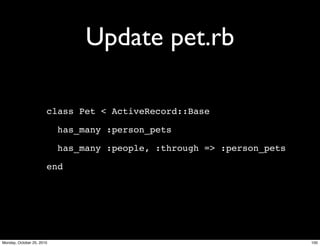 Update pet.rb
class Pet < ActiveRecord::Base
has_many :person_pets
has_many :people, :through => :person_pets
end
100Monday, October 25, 2010
 