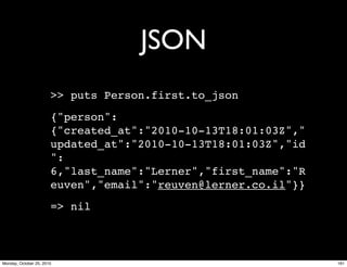 JSON
>> puts Person.first.to_json
{"person":
{"created_at":"2010-10-13T18:01:03Z","
updated_at":"2010-10-13T18:01:03Z","id
":
6,"last_name":"Lerner","first_name":"R
euven","email":"reuven@lerner.co.il"}}
=> nil
161Monday, October 25, 2010
 