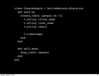 class CreatePeople < ActiveRecord::Migration
def self.up
create_table :people do |t|
t.string :first_name
t.string :last_name
t.string :email
t.timestamps
end
end
def self.down
drop_table :people
end
end
20Monday, October 25, 2010
 