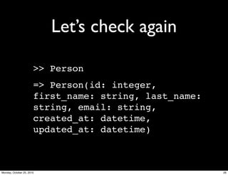 Let’s check again
>> Person
=> Person(id: integer,
first_name: string, last_name:
string, email: string,
created_at: datetime,
updated_at: datetime)
26Monday, October 25, 2010
 