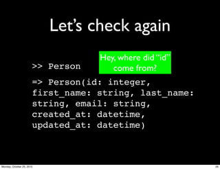 Let’s check again
>> Person
=> Person(id: integer,
first_name: string, last_name:
string, email: string,
created_at: datetime,
updated_at: datetime)
Hey, where did “id”
come from?
26Monday, October 25, 2010
 