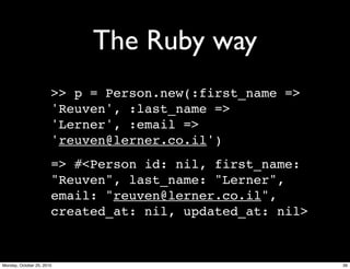 The Ruby way
>> p = Person.new(:first_name =>
'Reuven', :last_name =>
'Lerner', :email =>
'reuven@lerner.co.il')
=> #<Person id: nil, first_name:
"Reuven", last_name: "Lerner",
email: "reuven@lerner.co.il",
created_at: nil, updated_at: nil>
39Monday, October 25, 2010
 