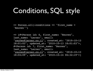 Conditions, SQL style
>> Person.all(:conditions => "first_name =
'Reuven'")
=> [#<Person id: 6, first_name: "Reuven",
last_name: "Lerner", email:
"reuven@lerner.co.il", created_at: "2010-10-13
18:01:03", updated_at: "2010-10-13 18:01:03">,
#<Person id: 7, first_name: "Reuven",
last_name: "Lerner", email:
"reuven@lerner.co.il", created_at: "2010-10-13
18:04:09", updated_at: "2010-10-14 06:32:19">]
53Monday, October 25, 2010
 
