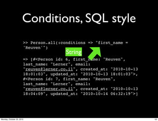 Conditions, SQL style
>> Person.all(:conditions => "first_name =
'Reuven'")
=> [#<Person id: 6, first_name: "Reuven",
last_name: "Lerner", email:
"reuven@lerner.co.il", created_at: "2010-10-13
18:01:03", updated_at: "2010-10-13 18:01:03">,
#<Person id: 7, first_name: "Reuven",
last_name: "Lerner", email:
"reuven@lerner.co.il", created_at: "2010-10-13
18:04:09", updated_at: "2010-10-14 06:32:19">]
String
53Monday, October 25, 2010
 