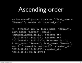 Ascending order
>> Person.all(:conditions => "first_name =
'Reuven'", :order => 'created_at')
=> [#<Person id: 6, first_name: "Reuven",
last_name: "Lerner", email:
"reuven@lerner.co.il", created_at:
"2010-10-13 18:01:03", updated_at:
"2010-10-13 18:01:03">, #<Person id: 7,
first_name: "Reuven", last_name: "Lerner",
email: "reuven@lerner.co.il", created_at:
"2010-10-13 18:04:09", updated_at:
"2010-10-14 06:32:19">]
60Monday, October 25, 2010
 