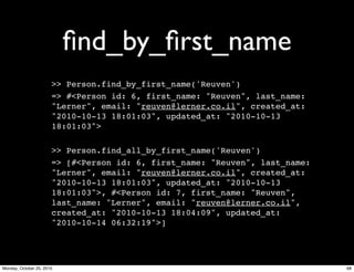ﬁnd_by_ﬁrst_name
>> Person.find_by_first_name('Reuven')
=> #<Person id: 6, first_name: "Reuven", last_name:
"Lerner", email: "reuven@lerner.co.il", created_at:
"2010-10-13 18:01:03", updated_at: "2010-10-13
18:01:03">
>> Person.find_all_by_first_name('Reuven')
=> [#<Person id: 6, first_name: "Reuven", last_name:
"Lerner", email: "reuven@lerner.co.il", created_at:
"2010-10-13 18:01:03", updated_at: "2010-10-13
18:01:03">, #<Person id: 7, first_name: "Reuven",
last_name: "Lerner", email: "reuven@lerner.co.il",
created_at: "2010-10-13 18:04:09", updated_at:
"2010-10-14 06:32:19">]
68Monday, October 25, 2010
 