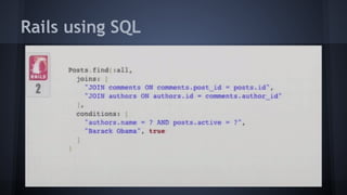 Issues
● Just wrapping SQL in Rails methods
● You have to know underlying language
● No syntax checking
● Who likes matching question marks?
○ They’re confusing, man
● Not object-oriented
 