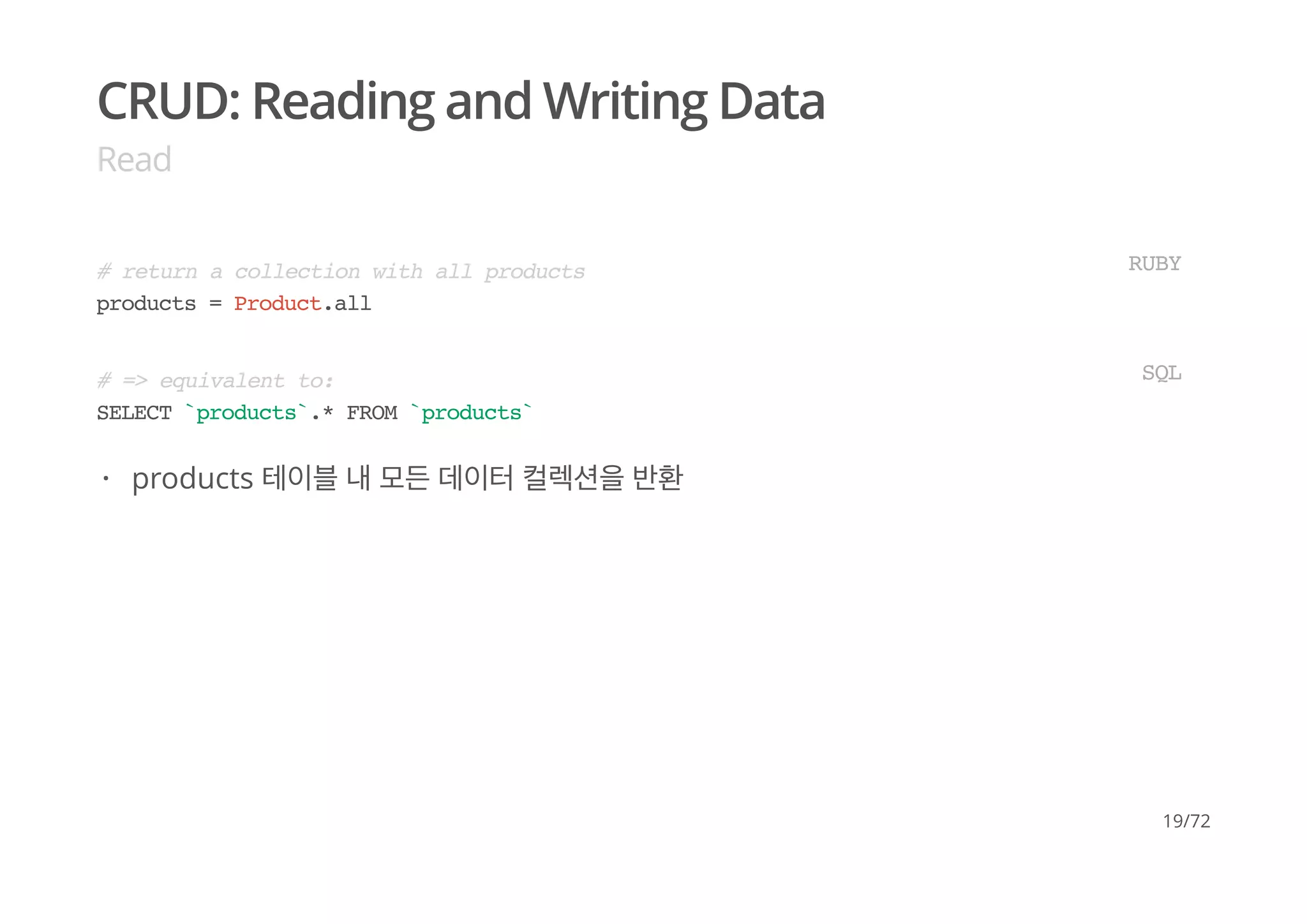 CRUD: Reading and Writing Data
Read
# return a collection with all products
products = Product.all
RUBY
# => equivalent to:
SELECT `products`.* FROM `products`
SQL
products 테이블 내 모든 데이터 컬렉션을 반환·
19/72
 