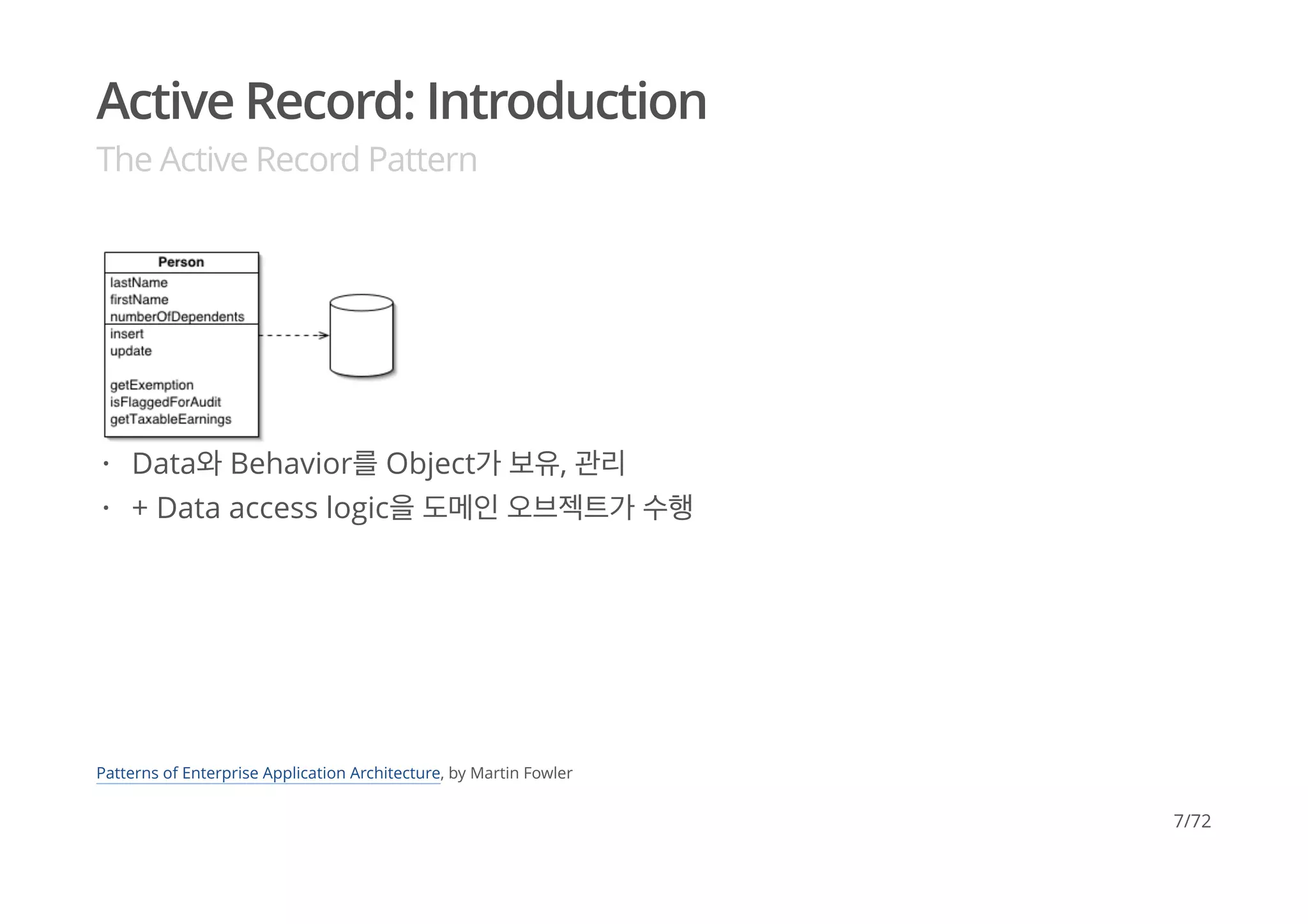 Active Record: Introduction
The Active Record Pattern
Patterns of Enterprise Application Architecture, by Martin Fowler
Data와 Behavior를 Object가 보유, 관리
+ Data access logic을 도메인 오브젝트가 수행
·
·
7/72
 