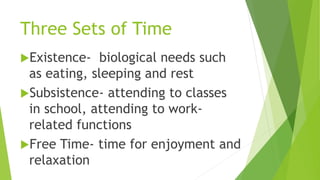 Three Sets of Time
Existence- biological needs such
as eating, sleeping and rest
Subsistence- attending to classes
in school, attending to work-
related functions
Free Time- time for enjoyment and
relaxation
 