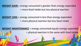 WEIGHT GAIN = energy consumed is greater than energy expended
= more food intake but less physical exertion
WEIGHT LOSS = energy consumed is less than energy expended
= more physical exertion but less food intake
WEIGHT MAINTENANCE = energy consumed equals energy expended
= physical exertion is the same with food intake
 
