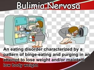 An eating disorder characterized by a
pattern of binge-eating and purging in an
attempt to lose weight and/or maintain
low body weight
 