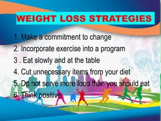 WEIGHT LOSS STRATEGIES
1. Make a commitment to change
2. Incorporate exercise into a program
3 . Eat slowly and at the table
4. Cut unnecessary items from your diet
5. Do not serve more food than you should eat
6. Think positive
 