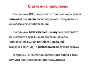 Статистика проблемы
По данным ВОЗ, смертность от несчастных случаев
занимает 3-е место после сердечно – сосудистых и
онкологических заболеваний.
По данным МОТ каждые 3 минуты в результате
несчастного случая или профессионального
заболевания в мире погибает 1 рабочий,
каждую 1 секунду - 4 работающих получают травму
В странах ЕС ежегодно происходит около 7 млн.
случаев производственного травматизма
 