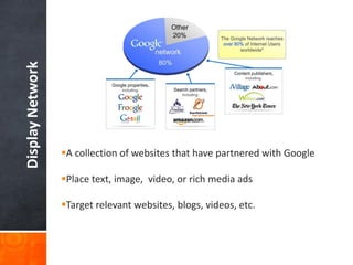 Display Network

A collection of websites that have partnered with Google
Place text, image, video, or rich media ads
Target relevant websites, blogs, videos, etc.

 