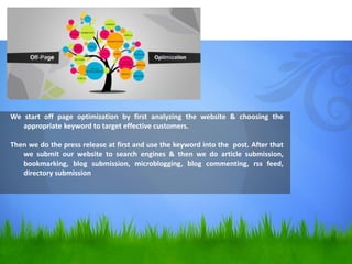 We start off page optimization by first analyzing the website & choosing the
appropriate keyword to target effective customers.
Then we do the press release at first and use the keyword into the post. After that
we submit our website to search engines & then we do article submission,
bookmarking, blog submission, microblogging, blog commenting, rss feed,
directory submission

 