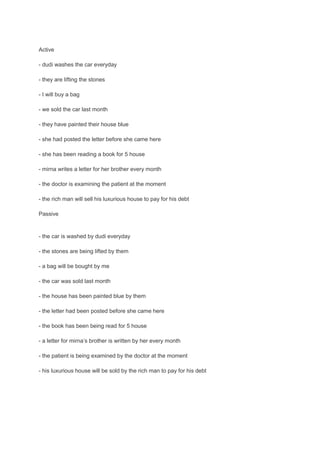 Active

- dudi washes the car everyday

- they are lifting the stones

- I will buy a bag

- we sold the car last month

- they have painted their house blue

- she had posted the letter before she came here

- she has been reading a book for 5 house

- mirna writes a letter for her brother every month

- the doctor is examining the patient at the moment

- the rich man will sell his luxurious house to pay for his debt

Passive


- the car is washed by dudi everyday

- the stones are being lifted by them

- a bag will be bought by me

- the car was sold last month

- the house has been painted blue by them

- the letter had been posted before she came here

- the book has been being read for 5 house

- a letter for mirna’s brother is written by her every month

- the patient is being examined by the doctor at the moment

- his luxurious house will be sold by the rich man to pay for his debt
 