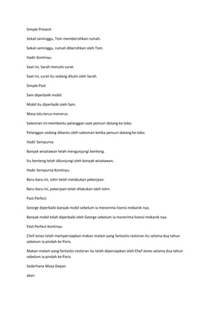 Simple Present

Sekali seminggu, Tom membersihkan rumah.

Sekali seminggu, rumah dibersihkan oleh Tom.

Hadir Kontinyu

Saat ini, Sarah menulis surat.

Saat ini, surat itu sedang ditulis oleh Sarah.

Simple Past

Sam diperbaiki mobil.

Mobil itu diperbaiki oleh Sam.

Masa lalu terus-menerus

Salesman ini membantu pelanggan saat pencuri datang ke toko.

Pelanggan sedang dibantu oleh salesman ketika pencuri datang ke toko.

Hadir Sempurna

Banyak wisatawan telah mengunjungi benteng.

Itu benteng telah dikunjungi oleh banyak wisatawan.

Hadir Sempurna Kontinyu

Baru-baru ini, John telah melakukan pekerjaan.

Baru-baru ini, pekerjaan telah dilakukan oleh John.

Past Perfect

George diperbaiki banyak mobil sebelum ia menerima lisensi mekanik nya.

Banyak mobil telah diperbaiki oleh George sebelum ia menerima lisensi mekanik nya.

Past Perfect Kontinyu

Chef Jones telah mempersiapkan makan malam yang fantastis restoran itu selama dua tahun
sebelum ia pindah ke Paris.

Makan malam yang fantastis restoran itu telah dipersiapkan oleh Chef Jones selama dua tahun
sebelum ia pindah ke Paris.

Sederhana Masa Depan

akan
 