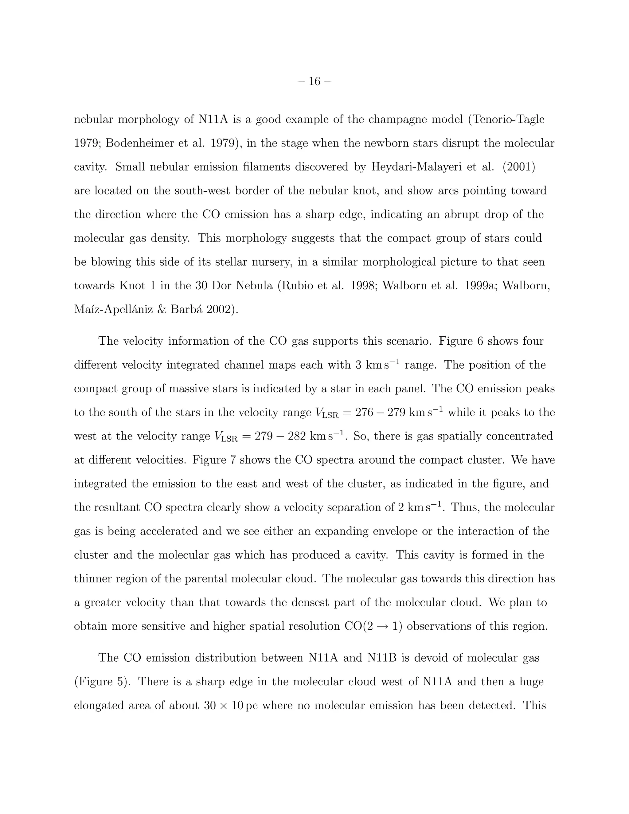 – 16 –


nebular morphology of N11A is a good example of the champagne model (Tenorio-Tagle
1979; Bodenheimer et al. 1979), in the stage when the newborn stars disrupt the molecular
cavity. Small nebular emission ﬁlaments discovered by Heydari-Malayeri et al. (2001)
are located on the south-west border of the nebular knot, and show arcs pointing toward
the direction where the CO emission has a sharp edge, indicating an abrupt drop of the
molecular gas density. This morphology suggests that the compact group of stars could
be blowing this side of its stellar nursery, in a similar morphological picture to that seen
towards Knot 1 in the 30 Dor Nebula (Rubio et al. 1998; Walborn et al. 1999a; Walborn,
Ma´
  ız-Apell´niz & Barb´ 2002).
          a          a

    The velocity information of the CO gas supports this scenario. Figure 6 shows four
diﬀerent velocity integrated channel maps each with 3 km s−1 range. The position of the
compact group of massive stars is indicated by a star in each panel. The CO emission peaks
to the south of the stars in the velocity range VLSR = 276 − 279 km s−1 while it peaks to the
west at the velocity range VLSR = 279 − 282 km s−1 . So, there is gas spatially concentrated
at diﬀerent velocities. Figure 7 shows the CO spectra around the compact cluster. We have
integrated the emission to the east and west of the cluster, as indicated in the ﬁgure, and
the resultant CO spectra clearly show a velocity separation of 2 km s−1 . Thus, the molecular
gas is being accelerated and we see either an expanding envelope or the interaction of the
cluster and the molecular gas which has produced a cavity. This cavity is formed in the
thinner region of the parental molecular cloud. The molecular gas towards this direction has
a greater velocity than that towards the densest part of the molecular cloud. We plan to
obtain more sensitive and higher spatial resolution CO(2 → 1) observations of this region.

    The CO emission distribution between N11A and N11B is devoid of molecular gas
(Figure 5). There is a sharp edge in the molecular cloud west of N11A and then a huge
elongated area of about 30 × 10 pc where no molecular emission has been detected. This
 