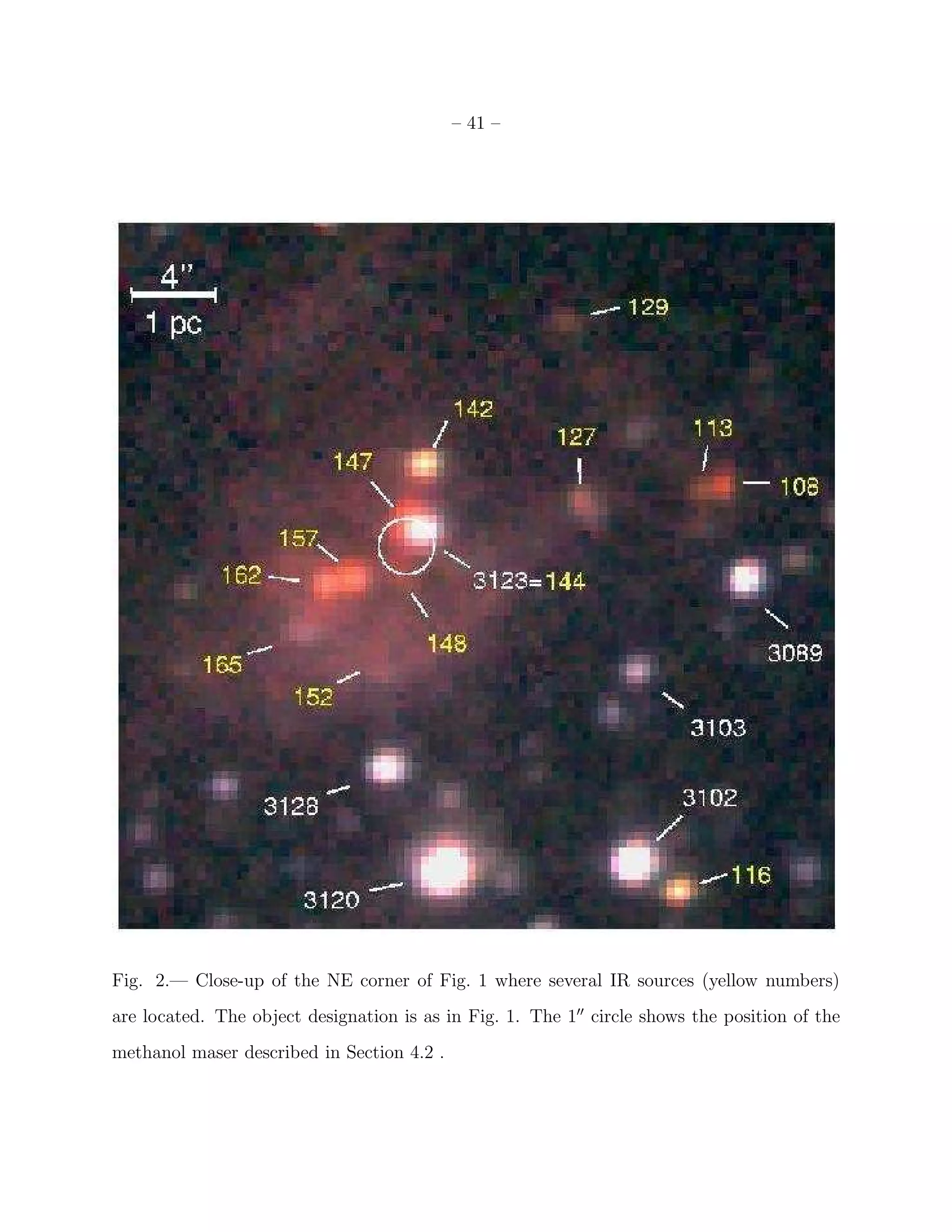 – 41 –




Fig. 2.— Close-up of the NE corner of Fig. 1 where several IR sources (yellow numbers)
are located. The object designation is as in Fig. 1. The 1′′ circle shows the position of the
methanol maser described in Section 4.2 .
 
