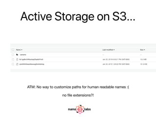 Active Storage on S3…
ATM: No way to customize paths for human readable names :(
no ﬁle extensions?!
 