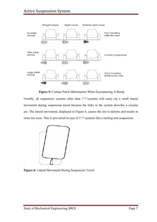 Active Suspension System
Dept. of Mechanical Engineering, BRCE Page 7
Figure 5: Contact Patch Deformation When Encountering A Bump
Usually, all suspension systems other than 1°/°-systems will carry out a small lateral
movement during suspension travel because the links in the system describe a circular
arc. The lateral movement, displayed in Figure 6, causes the tire to deform and results in
extra tire wear. This is prevented in case of 1°/°-systems like a trailing arm suspension
.
Figure 6: Lateral Movement During Suspension Travel
 