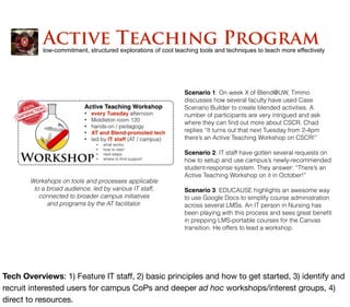 Scenario 1: On week X of Blend@UW, Timmo
discusses how several faculty have used Case
Scenario Builder to create blended activities. A
number of participants are very intrigued and ask
where they can ﬁnd out more about CSCR. Chad
replies “It turns out that next Tuesday from 2-4pm
there’s an Active Teaching Workshop on CSCR!”
Scenario 2: IT staff have gotten several requests on
how to setup and use campus’s newly-recommended
student-response system. They answer: “There’s an
Active Teaching Workshop on it in October!”
Scenario 3: EDUCAUSE highlights an awesome way
to use Google Docs to simplify course administration
across several LMSs. An IT person in Nursing has
been playing with this process and sees great beneﬁt
in prepping LMS-portable courses for the Canvas
transition. He offers to lead a workshop.
Workshops on tools and processes applicable
to a broad audience, led by various IT staff,
connected to broader campus initiatives
and programs by the AT facilitator.
low-commitment, structured explorations of cool teaching tools and techniques to teach more effectively
Active Teaching Program
Tech Overviews: 1) Feature IT staﬀ, 2) basic principles and how to get started, 3) identify and
recruit interested users for campus CoPs and deeper ad hoc workshops/interest groups, 4)
direct to resources.
 