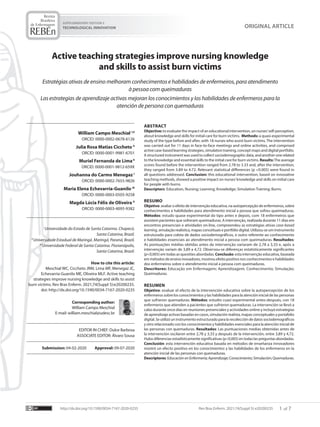 1
Rev Bras Enferm. 2021;74(Suppl 5):
SUPPLEMENTARY EDITION 5
TECHNOLOGICAL INNOVATION
e20200235
http://dx.doi.org/10.1590/0034-7167-2020-0235 7
of
ABSTRACT
Objective: to evaluate the impact of an educational intervention, on nurses’self-perception,
about knowledge and skills for initial care for burn victims. Methods: a quasi-experimental
study of the type before and after, with 18 nurses who assist burn victims. The intervention
was carried out for 11 days in face-to-face meetings and online activities, and comprised
active case-based learning strategies, simulation training, concept maps and digital portfolio.
A structured instrument was used to collect sociodemographic data, and another one related
to the knowledge and essential skills to the initial care for burn victims. Results:The average
scores found before the intervention ranged from 2.78 to 3.33 and, after the intervention,
they ranged from 3.89 to 4.72. Relevant statistical differences (p <0.005) were found in
all questions addressed. Conclusion: this educational intervention, based on innovative
teaching methods, showed a positive impact on nurses’knowledge and skills on initial care
for people with burns.
Descriptors: Education, Nursing; Learning; Knowledge; Simulation Training; Burns.
RESUMO
Objetivo: avaliar o efeito de intervenção educativa, na autopercepção de enfermeiros, sobre
conhecimentos e habilidades para atendimento inicial a pessoa que sofreu queimaduras.
Métodos: estudo quase experimental do tipo antes e depois, com 18 enfermeiros que
assistem pacientes que sofreram queimaduras. A intervenção, realizada durante 11 dias em
encontros presenciais e atividades on-line, compreendeu as estratégias ativas case-based
learning, simulação realística, mapas conceituais e portfólio digital. Utilizou-se um instrumento
estruturado para coleta de dados sociodemográficos, e outro referente ao conhecimento
e habilidades essenciais ao atendimento inicial a pessoa com queimaduras. Resultados:
As pontuações médias obtidas antes da intervenção variaram de 2,78 a 3,33 e, após a
intervenção variam de 3,89 a 4,72. Observou-se diferenças estatisticamente significantes
(p<0,005) em todas as questões abordadas. Conclusão: esta intervenção educativa, baseada
em métodos de ensino inovadores, mostrou efeito positivo nos conhecimentos e habilidades
dos enfermeiros sobre o atendimento inicial a pessoa com queimaduras.
Descritores: Educação em Enfermagem; Aprendizagem; Conhecimento; Simulação;
Queimaduras.
RESUMEN
Objetivo: evaluar el efecto de la intervención educativa sobre la autopercepción de los
enfermeros sobre los conocimientos y las habilidades para la atención inicial de las personas
que sufrieron quemaduras. Métodos: estudio cuasi experimental antes-después, con 18
enfermeros que atienden a pacientes que sufrieron quemaduras. La intervención se llevó a
cabo durante once días en reuniones presenciales y actividades online y incluyó estrategias
de aprendizaje activas basadas en casos, simulación realista, mapas conceptuales y portafolio
digital. Se utilizó un instrumento estructurado para la recolección de datos sociodemográficos
y otro relacionado con los conocimientos y habilidades esenciales para la atención inicial de
las personas con quemaduras. Resultados: Las puntuaciones medias obtenidas antes de
la intervención oscilaron entre 2,78 y 3,33 y después de la intervención, entre 3,89 y 4,72.
Hubo diferencias estadísticamente significativas (p<0,005) en todas las preguntas abordadas.
Conclusión: esta intervención educativa basada en métodos de enseñanza innovadores
mostró un efecto positivo en los conocimientos y las habilidades de los enfermeros en la
atención inicial de las personas con quemaduras.
Descriptores: Educación en Enfermería; Aprendizaje; Conocimiento; Simulación; Quemaduras.
Active teaching strategies improve nursing knowledge
and skills to assist burn victims
Estratégias ativas de ensino melhoram conhecimentos e habilidades de enfermeiros, para atendimento
à pessoa com queimaduras
Las estrategias de aprendizaje activas mejoran los conocimientos y las habilidades de enfermeros para la
atención de persona con quemaduras
ORIGINAL ARTICLE
William Campo Meschial I,II
ORCID: 0000-0002-0678-6126
Julia Rosa Matias Ciccheto II
ORCID: 0000-0001-9981-6701
Muriel Fernanda de LimaII
ORCID: 0000-0001-9812-659X
Jouhanna do Carmo Menegaz I
ORCID: 0000-0002-7655-9826
Maria Elena Echevarría-Guanilo III
ORCID: 0000-0003-0505-9258
Magda Lúcia Félix de Oliveira II
ORCID: 0000-0003-4095-9382
I
Universidade do Estado de Santa Catarina. Chapecó,
Santa Catarina, Brazil.
II
Universidade Estadual de Maringá. Maringá, Paraná, Brazil.
III
Universidade Federal de Santa Catarina. Florianópolis,
Santa Catarina, Brazil.
How to cite this article:
Meschial WC, Ciccheto JRM, Lima MF, Menegaz JC,
Echevarría-Guanilo ME, Oliveira MLF. Active teaching
strategies improve nursing knowledge and skills to assist
burn victims. Rev Bras Enferm. 2021;74(Suppl 5):e20200235.
doi: http://dx.doi.org/10.1590/0034-7167-2020-0235
Corresponding author:
William Campo Meschial
E-mail: william.meschial@udesc.br
EDITOR IN CHIEF: Dulce Barbosa
ASSOCIATE EDITOR: Álvaro Sousa
Submission: 04-02-2020 Approval: 09-07-2020
 