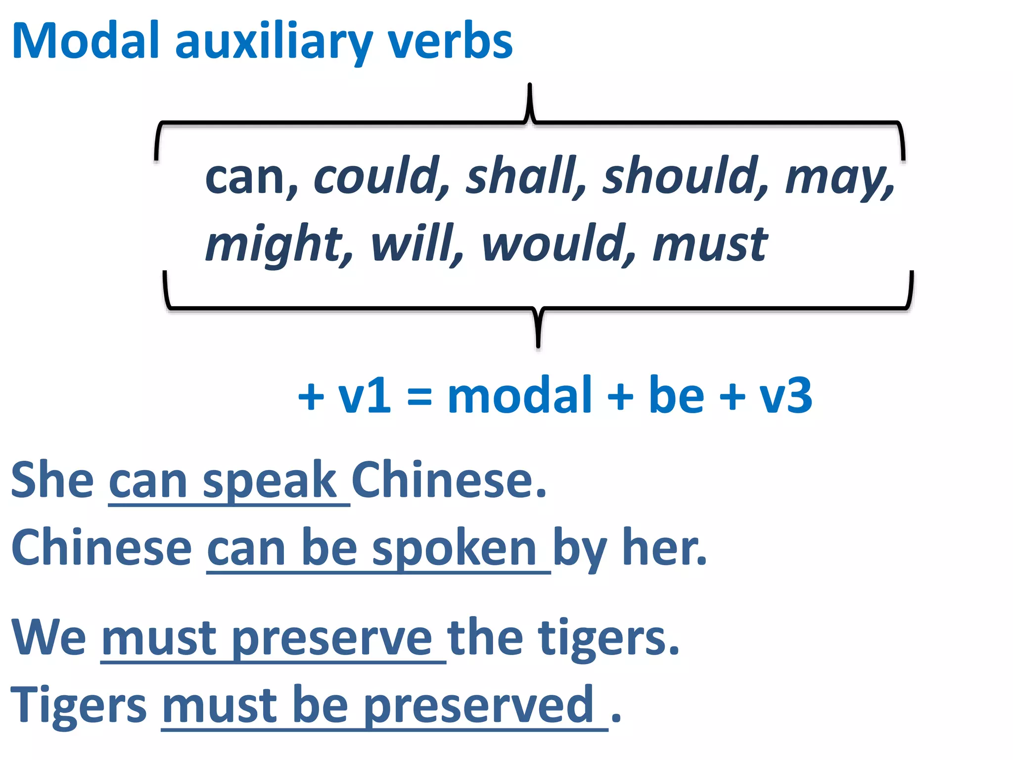 Modal auxiliary verbs
can, could, shall, should, may,
might, will, would, must
+ v1 = modal + be + v3
She can speak Chinese.
Chinese can be spoken by her.
We must preserve the tigers.
Tigers must be preserved .
 