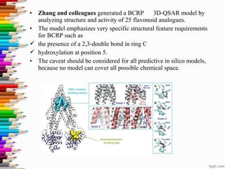 • Zhang and colleagues generated a BCRP 3D-QSAR model by
analyzing structure and activity of 25 flavonoid analogues.
• The model emphasizes very specific structural feature requirements
for BCRP such as
 the presence of a 2,3-double bond in ring C
 hydroxylation at position 5.
• The caveat should be considered for all predictive in silico models,
because no model can cover all possible chemical space.
 