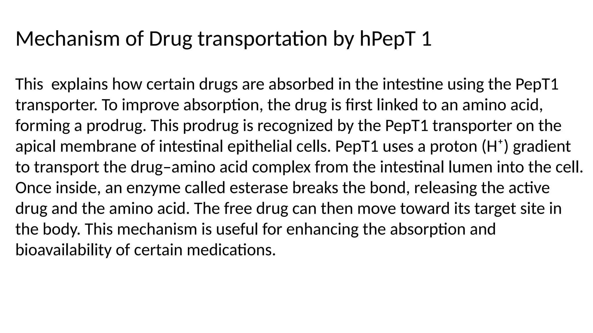 This explains how certain drugs are absorbed in the intestine using the PepT1
transporter. To improve absorption, the drug is first linked to an amino acid,
forming a prodrug. This prodrug is recognized by the PepT1 transporter on the
apical membrane of intestinal epithelial cells. PepT1 uses a proton (H⁺) gradient
to transport the drug–amino acid complex from the intestinal lumen into the cell.
Once inside, an enzyme called esterase breaks the bond, releasing the active
drug and the amino acid. The free drug can then move toward its target site in
the body. This mechanism is useful for enhancing the absorption and
bioavailability of certain medications.
Mechanism of Drug transportation by hPepT 1
 
