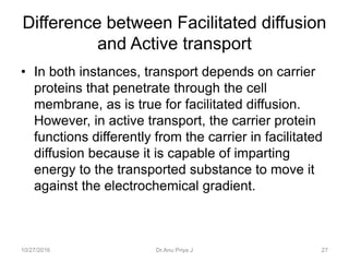 Difference between Facilitated diffusion
and Active transport
• In both instances, transport depends on carrier
proteins that penetrate through the cell
membrane, as is true for facilitated diffusion.
However, in active transport, the carrier protein
functions differently from the carrier in facilitated
diffusion because it is capable of imparting
energy to the transported substance to move it
against the electrochemical gradient.
10/27/2016 27Dr.Anu Priya J
 