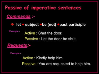 let + subject +be (not) +past participle 
Active : Shut the door. 
Passive : Let the door be shut. 
Active : Kindly help him. 
Passive : You are requested to help him. 
 