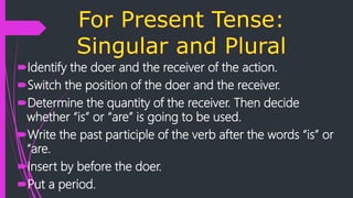 Identify the doer and the receiver of the action.
Switch the position of the doer and the receiver.
Determine the quantity of the receiver. Then decide
whether “is” or “are” is going to be used.
Write the past participle of the verb after the words “is” or
“are.
Insert by before the doer.
Put a period.
 