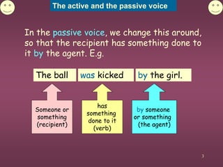 The active and the passive voice
3
In the passive voice, we change this around,
so that the recipient has something done t...