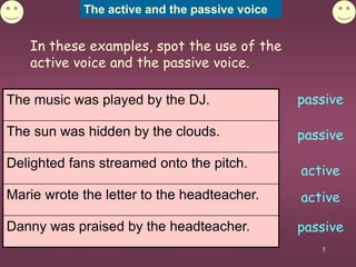 The active and the passive voice
5
In these examples, spot the use of the
active voice and the passive voice.
The music wa...