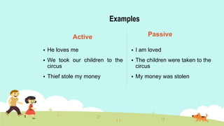 Examples
Active
 He loves me
 We took our children to the
circus
 Thief stole my money
Passive
 I am loved
 The children were taken to the
circus
 My money was stolen
 