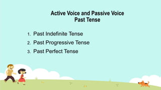 Active Voice and Passive Voice
Past Tense
1. Past Indefinite Tense
2. Past Progressive Tense
3. Past Perfect Tense
 