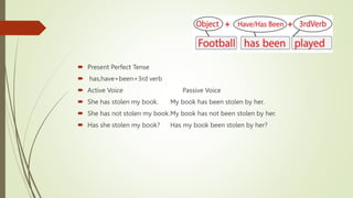  Present Perfect Tense
 has,have+been+3rd verb
 Active Voice Passive Voice
 She has stolen my book. My book has been stolen by her.
 She has not stolen my book.My book has not been stolen by her.
 Has she stolen my book? Has my book been stolen by her?
 