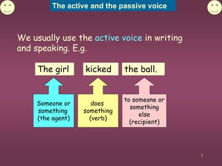 The active and the passive voice
1
We usually use the active voice in writing
and speaking. E.g.
The girl
Someone or
something
(the agent)
does
something
(verb)
to someone or
something
else
(recipient)
the ball.
kicked
 