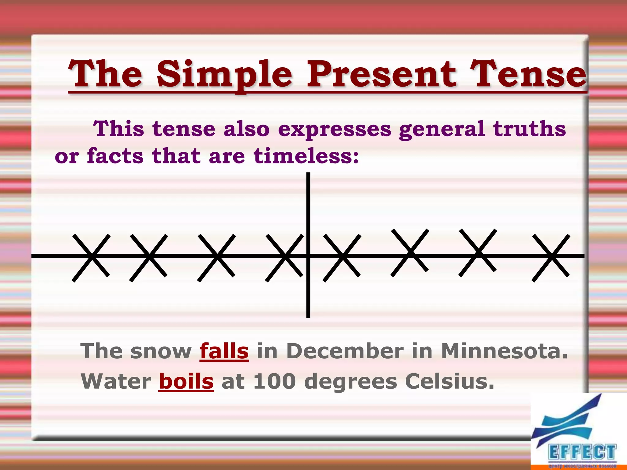 The Simple Present Tense
    This tense also expresses general truths
or facts that are timeless:




  The snow falls in December in Minnesota.
  Water boils at 100 degrees Celsius.
 