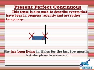 Present Perfect Continuous
    This tense is also used to describe events that
 have been in progress recently and are rather
 temporary:




She has been living in Wales for the last two months,
             but she plans to move soon.
 