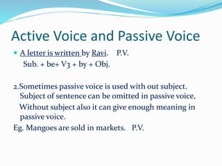 Active Voice and Passive Voice
 A letter is written by Ravi. P.V.
Sub. + be+ V3 + by + Obj.
2.Sometimes passive voice is used with out subject.
Subject of sentence can be omitted in passive voice,
Without subject also it can give enough meaning in
passive voice.
Eg. Mangoes are sold in markets. P.V.
 