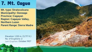 Elevation: 1,133 m. (3,717 ft.)
No. of Eruptions: 2
Last Eruption: October 1907
Mt. type: Stratovolcano
Municipality: Gonzaga
Province: Cagayan
Region: Cagayan Valley,
Northern Luzon
Parent Range: Sierra Madre
7. Mt. Cagua
 