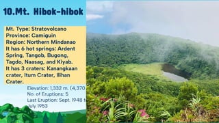 Elevation: 1,332 m. (4,370 ft.)
No. of Eruptions: 5
Last Eruption: Sept. 1948 to
July 1953
Mt. Type: Stratovolcano
Province: Camiguin
Region: Northern Mindanao
It has 6 hot springs: Ardent
Spring, Tangob, Bugong,
Tagdo, Naasag, and Kiyab.
It has 3 craters: Kanangkaan
crater, Itum Crater, Ilihan
Crater.
10.Mt. Hibok-hibok
 