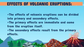 •The effects of volcanic eruptions can be divided
into primary and secondary effects.
•The primary effects are immediate and come
from the eruption itself.
•The secondary effects result from the primary
effects.
EFFECTS OF VOLCANIC ERUPTIONS:
 