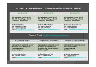 GLOBALLY DIVERSIFIED CLOTHING MANUFACTURING COMPANY
BANGLADESH
ACTIVEWEAR EXPORTS LTD
329-330, Murad Nagar, Baizid,
Chittagong, Bangladesh
Mr Shahidul Islam
Tel: +880 1982316386
Tel: +880 1747223723
Email: Shahidul@activewearexports.com
General Email: info@activewearexports.com
MAURITIUS (AFRICA OFFICE)
ACTIVEWEAR EXPORTS GROUP
Suite B, Forest Road
La Marie, Vacoas
Mauritius
Mr Brinall Nandkishore
Tel: +230 58008109
Email: info@activewearexports.com
UNITED STATES OF AMERICA
ACTIVEWEAR EXPORTS GROUP
4141 East Riverdale Avenue,
Anaheim Hills, Orange County
California, USA
Mr Gopal Saxena (Paul)
Tel: +1 631 620 6548
Email: info@activewearexports.com
U.K (EUROPE OFFICE)
ACTIVEWEAR EXPORTS GROUP
Warmwell Close, Walsgrave
Coventry CV2 2JT,
United Kingdom
Mr Kevin Nandkishore
Tel: +44 2476 616272
Email: Kevin@activewearexports.com
BANGLADESH
ACTIVEWEAR EXPORTS LTD
329-330, Murad Nagar, Baizid,
Chittagong, Bangladesh
Mr Kevin B Nandkishore
Tel: +880 1819080786
Tel: +230 5 7044612
Email: Kevin@activewearexports.com
BANGLADESH
ACTIVEWEAR EXPORTS LTD
329-330, Murad Nagar, Baizid,
Chittagong, Bangladesh
Mr Chandan Kumar Biswas
Tel: +880 31 2857515
Fax: +880 31 2855146
Email: Chandan@activewearexports.com
 