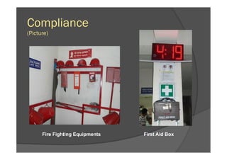 Compliance
(Picture)
Fire Fighting Equipments First Aid Box
 