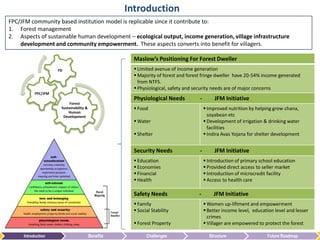 Introduction
FPC/JFM community based institution model is replicable since it contribute to:
1. Forest management
2. Aspects of sustainable human development – ecological output, income generation, village infrastructure
    development and community empowerment. These aspects converts into benefit for villagers.

                                                      Maslow’s Positioning For Forest Dweller
                     FD                                Limited avenue of income generation
                                                       Majority of forest and forest fringe dweller have 20-54% income generated
                                                        from NTFS.
                                                       Physiological, safety and security needs are of major concerns
           FPC/JFM
                                                      Physiological Needs          -        JFM Initiative
                          Forest
                      Sustainability &                 Food                            Improved nutrition by helping grow chana,
                          Human
                       Development                                                       soyabean etc
                                                       Water                           Development of irrigation & drinking water
                                                                                         facilities
                                                       Shelter                         Indira Avas Yojana for shelter development


                                                      Security Needs               -        JFM Initiative
                                                       Education                       Introduction of primary school education
                                                       Economies                       Provided direct access to seller market
                                                       Financial                       Introduction of microcredit facility
                                                       Health                          Access to health care

                                                      Safety Needs                 -       JFM Initiative
                                                       Family                          Women up-liftment and empowerment
                                                       Social Stability                Better income level, education level and lesser
                                                                                         crimes
                                                       Forest Property                 Villager are empowered to protect the forest

     Introduction                        Benefits           Challenges                   Structure                  Future Roadmap
 